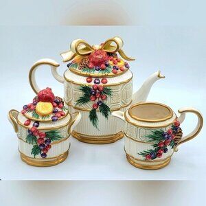 Tea Pot Set Fitz & Floyd Winter Spice Tea Pot Sugar & Creamer Set Vintage #1386